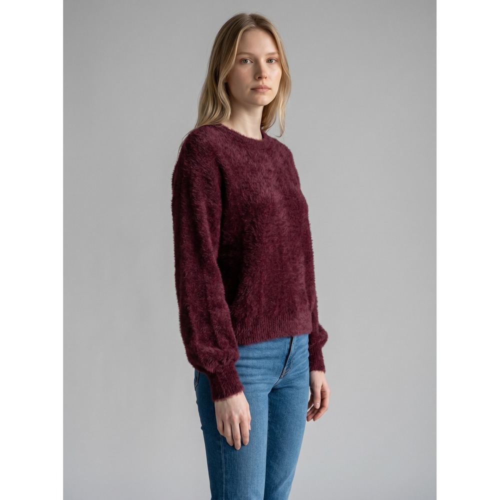 Express Womens Burgundy Eyelash Knit Fuzzy Crewneck Sweater Size‎ M